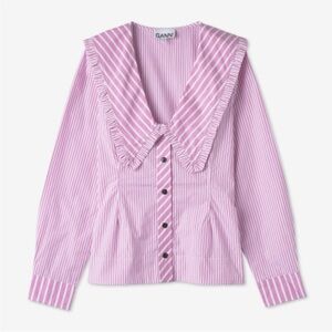 Ganni Pink and White Ruffled Collar Shirt
